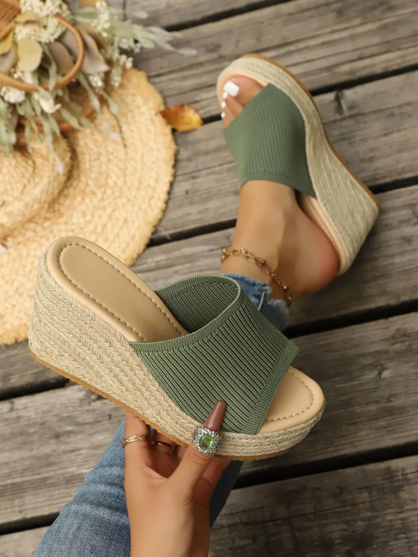 Women's Knitted Straw Wedge Elegant Classy Sandals, Non-Slip Rubber Thick Sole, Versatile Beach & Outdoor Shoes, Comfortable Summer Footwear