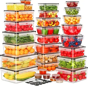 62Pcs Airtight Food Storage Containers with Labels & Lids (31 Containers + 31 Lids) , 85 oz Large Leakproof Meal Prep Containers, Reusable Plastic for Kitchen Organization, Microwave & Dishwasher Safe Utensils Set Flexible Silicone Stretch Lids