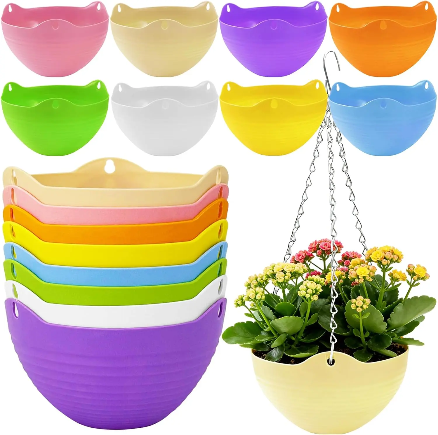 Pack of 8 Multicolor Hanging Planter Pots, Colorful Garden Hanging Planters,Round Hanging Basket Pot for Indoor Outdoor Garden,Home Decor,with Water Tray Metal Chain