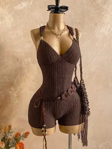 VRONA Solid Hue Woven Bodysuit Summer Vacation Garment Y2K Style