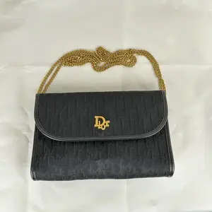 Pre-owned Dior Christian Vintage Trotter Monogram Chain Shoulder Bag in Black Canvas with Gold Tone CD Logo Japan