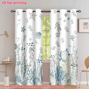 2D Flat 2Pcs Ocean Theme Curtains, Undersea World with Seahorses, Sea Turtle, Starfish & Corals Pattern, Semi-Sunshade Privacy Drape for Living Room, Bedroom, Dining Window Decor, Accessory .