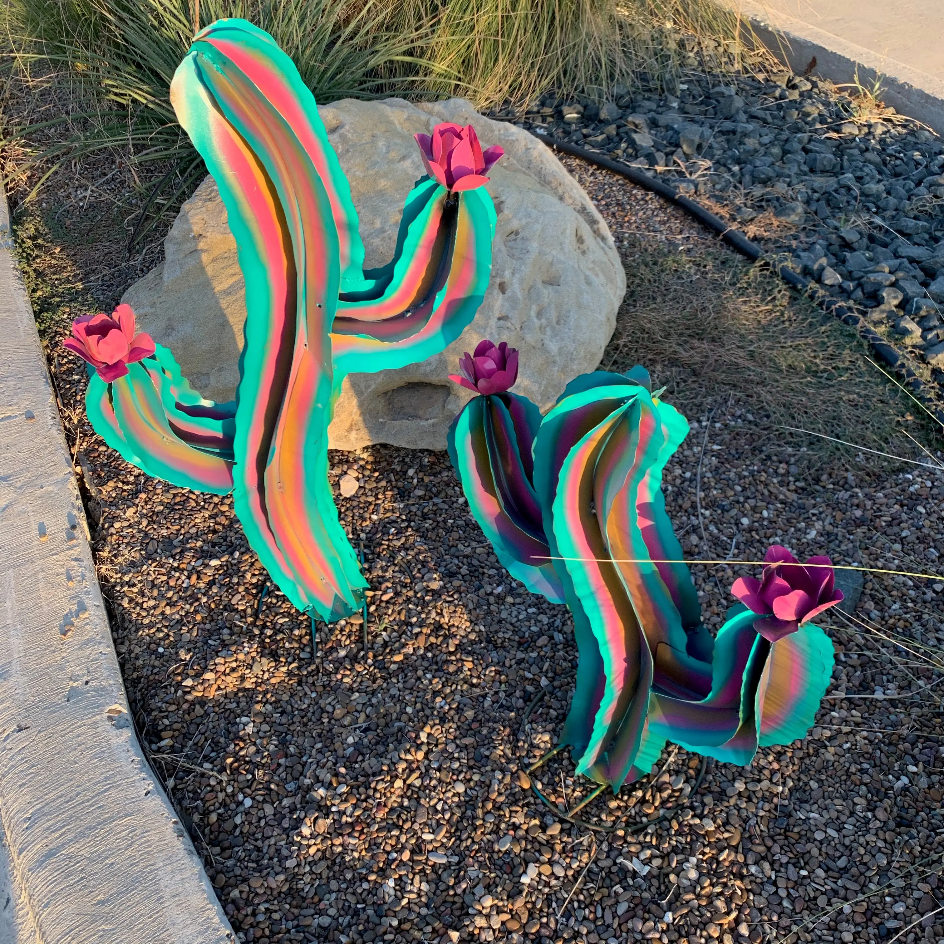 34" Colorful Metal Saguaro Cactus Sculpture – Handmade Southwestern Garden Art