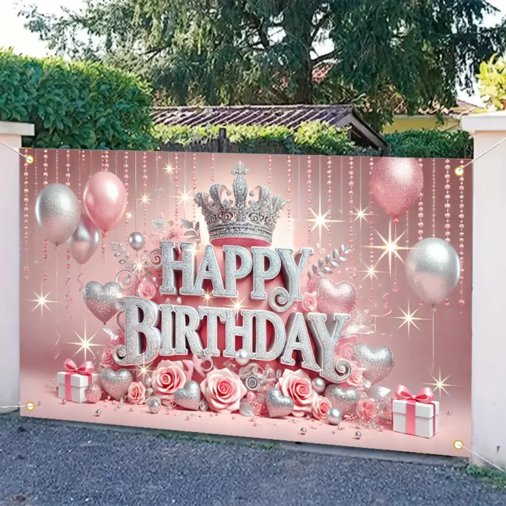 1PC, 2D Flat, pink crown rose birthday decoration, 70.8x43.3inch polyester banner background cloth, indoor and outdoor photography, outdoor festivals and theme events, no electricity required