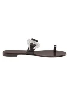 Giuseppe Zanotti Ludhovica Flat Embellished Sandal in Black Leather with Crystal Buckle | Designer Sandals