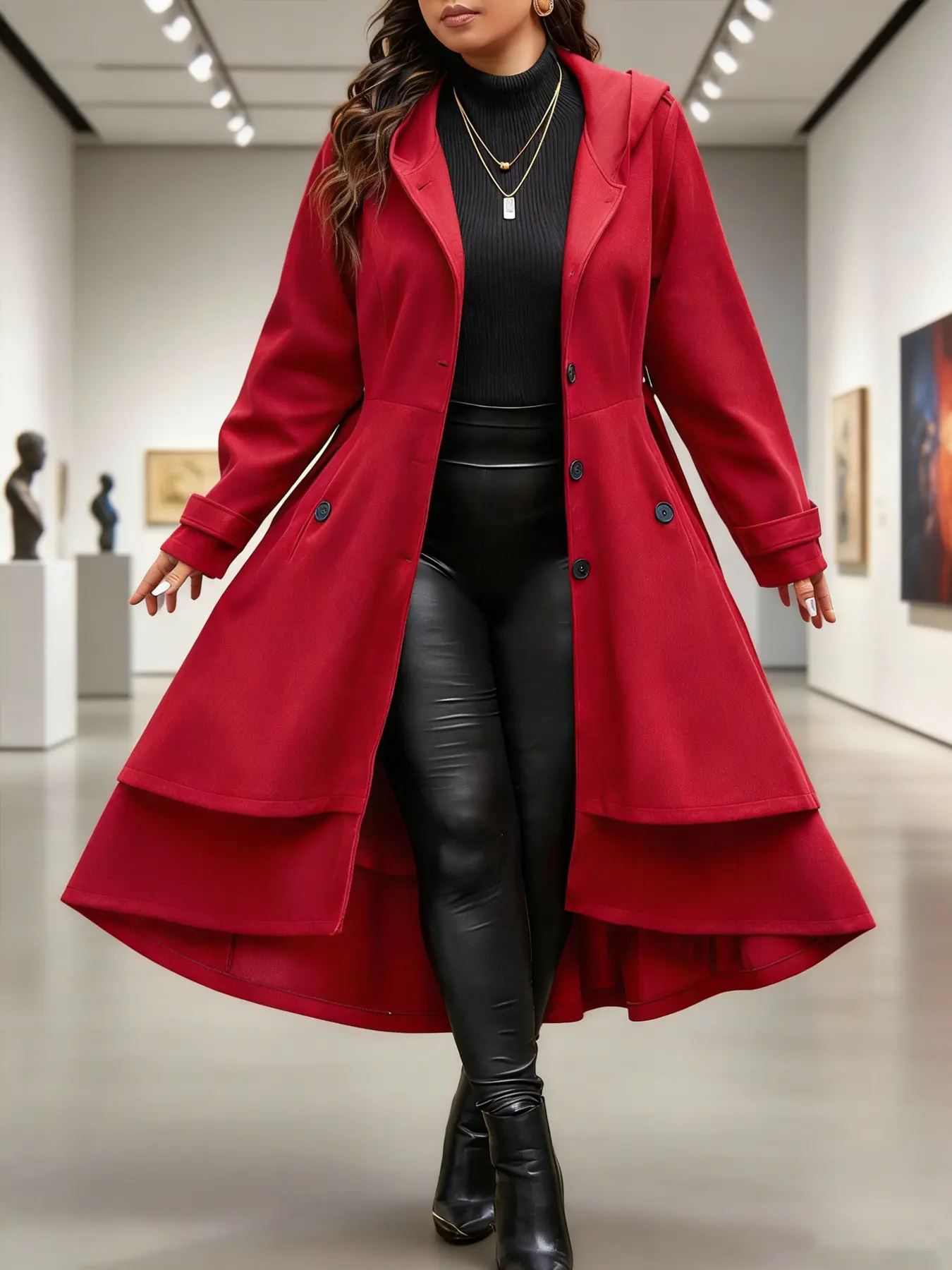 Women's Plus Size Wine Hooded Coat Jackets, Double-Breasted Button Waist Cinching, Double-Layer Skirt Hem, Long Loose Fit, Fall & Winter Fashion