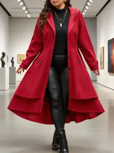 Women's Plus Size Wine Hooded Coat Jackets, Double-Breasted Button Waist Cinching, Double-Layer Skirt Hem, Long Loose Fit, Fall & Winter Fashion