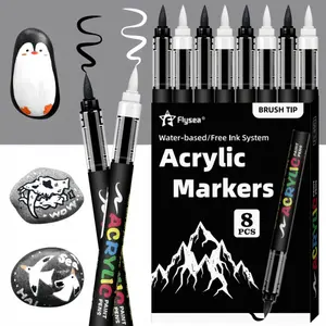 Acrylic Paint Pens Black and White, Automatic Ink Control System, Soft Brush Tip Markers, Permanent Drawing Markers, for Canvas, Rock, Wood, Stone, Glass, Ceramic, Fabric Painting, DIY Crafts, Multipurpose Art Supplies