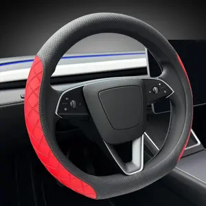 Leather Steering Wheel Cover.Elegant Diamond Checkered Design, Non-Slip and Breathable, for Tesla Model 3/Y Steering Wheel Protector,Black Red