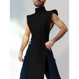 Men’s sleeveless solid-color tank top with a half high neck, irregular hem, longline fit—casual gym wear made from woven fabric for summer.