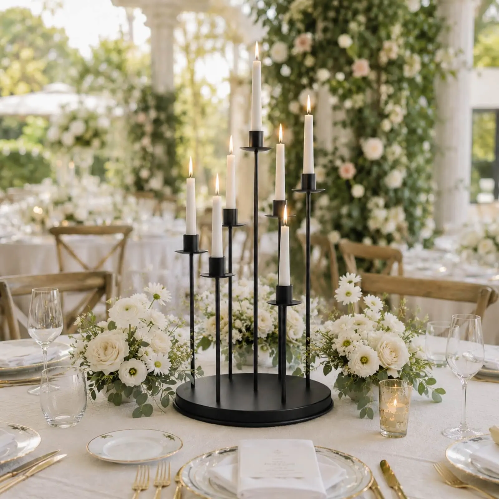 Black Metal 7-Arm Taper Candle Holder Centerpiece 15" Round Wedding Table Candelabra - Cluster Design