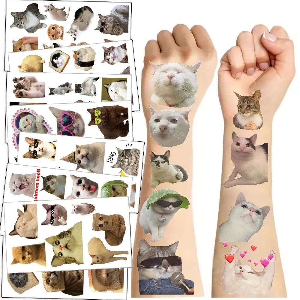 10 Pcs Cat Emoji Meme Funny Waterproof Tattoo Stickers, Cartoon Tattoos for Kids, Fun and Weird Patchwork Designs