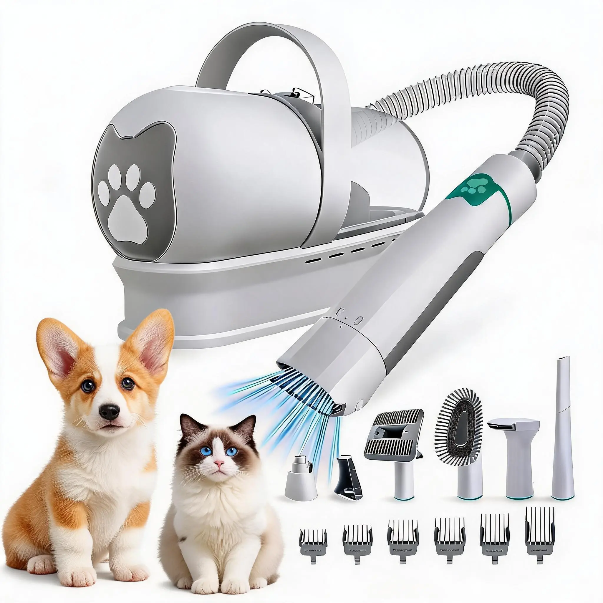 7 in 1 Dog Grooming Vacuum Kit with Nail & Paw Trimmer, Rollers, Deshedding Mitts - Cat & Dog Hair Vacuum Brush for Shedding