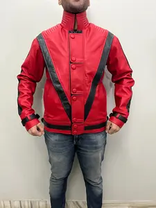 MJ Thriller Michael Handmade Real Leather Jacket in Red with Black Accents and Button Closure for Men