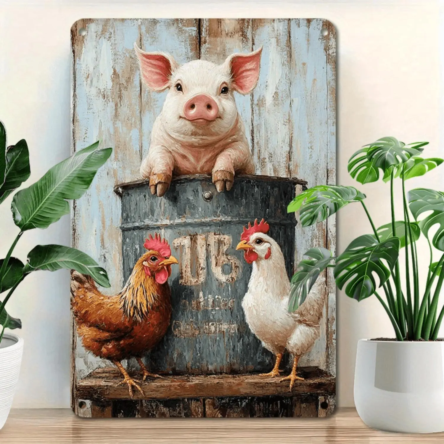 Rustic Farmhouse Pig and Chickens Metal Wall Art Sign Vintage Barnyard Decor Weather Resistant Indoor and Outdoor Metal Plaque for Kitchen Garden Patio Farmhouse Style Decorative Metal