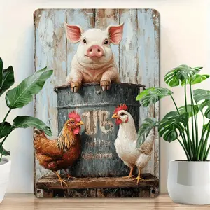 Rustic Farmhouse Pig and Chickens Metal Wall Art Sign Vintage Barnyard Decor Weather Resistant Indoor and Outdoor Metal Plaque for Kitchen Garden Patio Farmhouse Style Decorative Metal