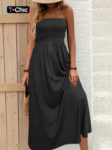 Women's Solid Color Tube Dress, Casual Fashion Light Strapless Long Dress for Beach Holiday Vacation, Ladies Clothes for Summer, Womenswear
