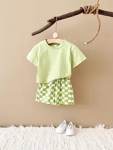 Summer Baby Clothing Round Neck Short Sleeve + Plaid Design Gym Shorts Included Comfortable Casual Versatile Infant Set Round Neckline