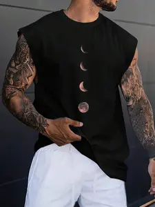 Men's Regular Fit Moon Print Knit Tank Top Vest, Casual Sleeveless Round Neck Top for Summer, Men's Top for Daily Wear, Tshirt