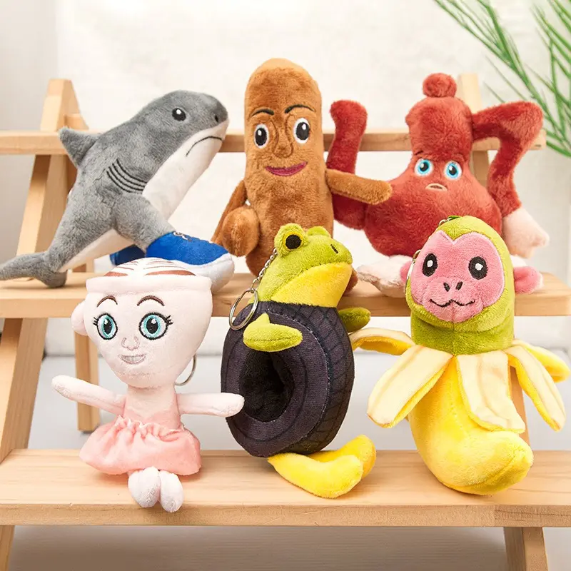 Cute Weird‑Core Novelty Plush Keychain Set, 6‑Styles Shark‑Banana‑Monkey‑Frog‑Humanoid‑Heart Bag Charms, Kawaii Funny Hybrid‑Shape Pendants