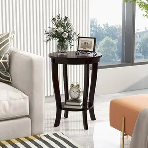 2-tier Round End Table with Solid Wood Legs-Espresso 2-tier Round End Table with Solid Wood Legs-Espresso