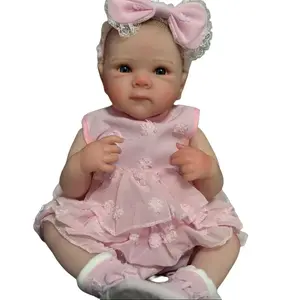 TopLink 48CM 19Inch Full Vinyl Baby Doll with Painted Hair & Blue Eyes, Dress Headband Socks Set, Super Soft Fluffy Newborn Doll for Children's Birthday Gifts