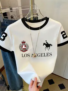 Unisex Badge Number Letter Print T-Shirt, Summer Casual Patchwork Round Neck Top, Fashion Daily Colorblock Shirt