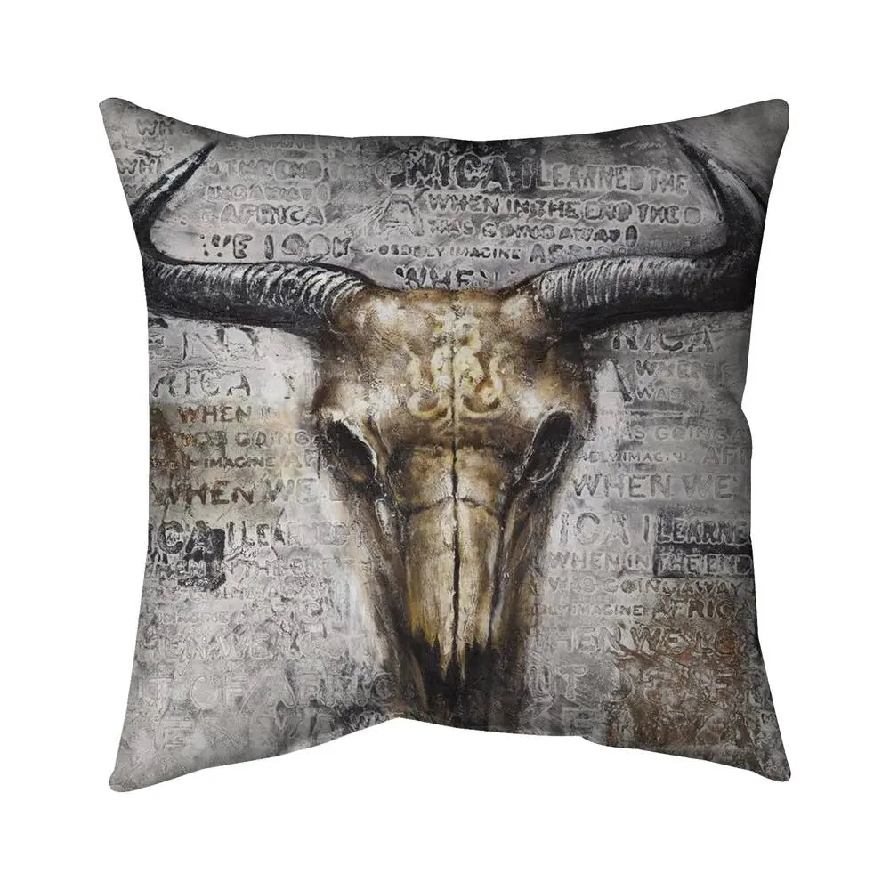 360 Stand 16x16 in Standard Size Poly Twill Weave Industrial Brown Skull Motif Bold Print Typography Pillow - Textiles & Soft Furnishings Home Decor Accessory, Art-Inspired Standard Pillows, Farm Animals, Bull Skull, Brown Industrial Bull Skull Typography