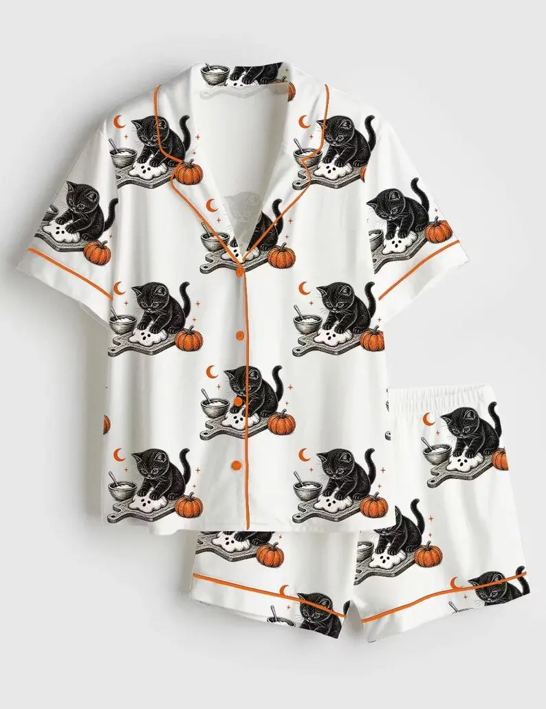 Halloween Black Cat Pajama Set, Biscuits Baking Pumpkin Long Sleeve Button Up Pajamas, Cozy Fall Sleepwear