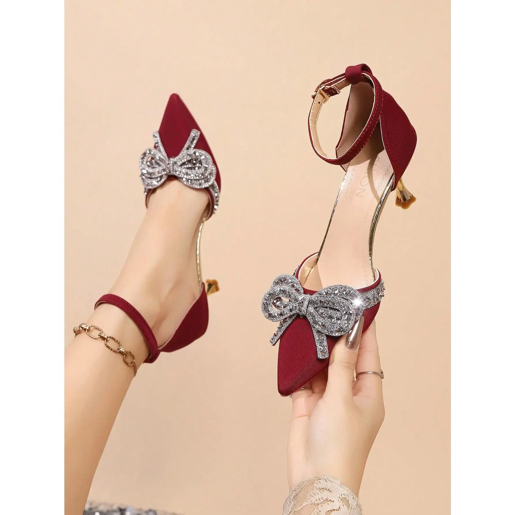 DealsForYouDays 2026 Women's Formal Wedding Footwear - Rhinestone Bowknot Decor Bridal Pointed Heel Sandals, Elegant Party Pumps