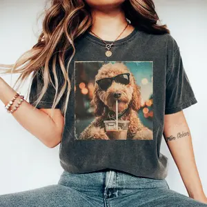 Funny Goldendoodle Drinking Iced Coffee T-Shirt, Dog Owner Gift, Dog Meme Graphic Tee, Coffee Dog Shirt, Gift For Animal Lover, Funny Dog Shirt