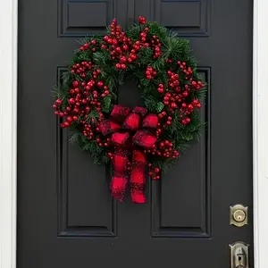 Classic Christmas Wreath, 13.8 Inch Diameter, Plastic Material, Berry & Bow Design, Indoor Outdoor Decor, No Feathers, Halloween Decoration