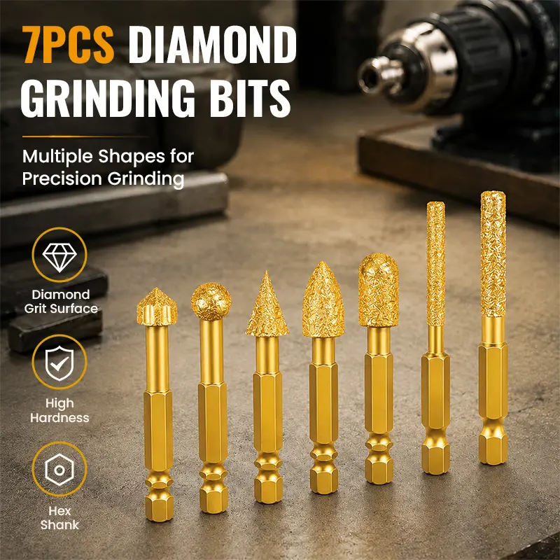 7 pcs diamond grinding bits with 1/4 inch hex shank, sharp tips, suitable for ceramic, stone grinding, carving, and polishing; rotary tool accessories