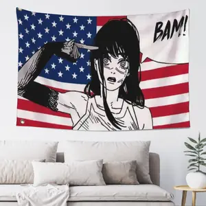 Chainsaw Man War Devil Yoru "BAM!" American Flag Banner, Anime Girl Knife Head Meme Flag, 3x5ft Heavy Duty Polyester for Outdoor Garage, Man Cave, Dorm Wall Decor