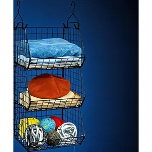 Foldable 3-Tier Storage Organizer for Clothes and Accessories, Space-Saving Shelves with 5 Hooks, Wire Cabinet Bins for Sweaters Shoes Handbags, Sturdy Multi-Purpose Rack, Compact Closet Solution Hanging Metal Basket Containers