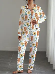 Women's Autumn Winter Pajama Set, Highland Cow & Sunflower Print, Soft Fabric, Casual Home Wear, Long Sleeve Shirt & Elastic Pants, Loungewear