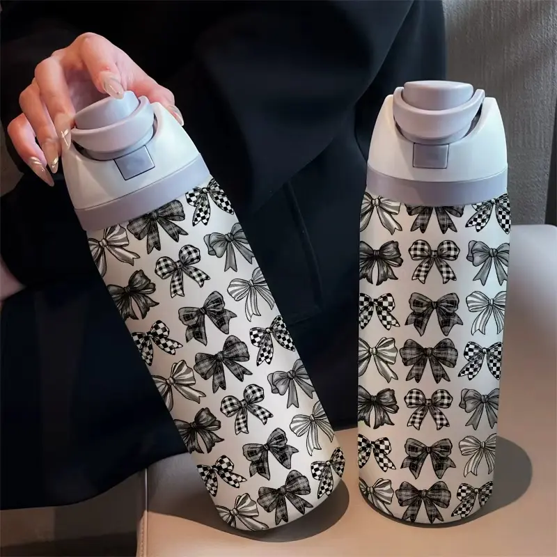 Grid Bowknot 32oz Dual Drink Sports Water Bottle Tumbler With Lid, 304 Stainless Steel Large Capacity Insulated Cup, Perfect Gift for Women