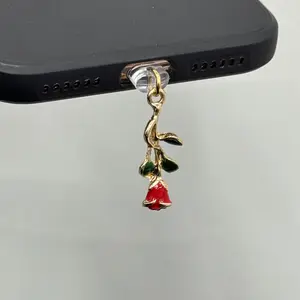 1PC Cute and Exquisite Red Peach A/Rose/Love Bow/Tulip/Cherry Metal Pendant Dust Stopper, Personalized and Designed, Compatible with Lightning and Type-C Ports, Preventing Dust from Entering the Interface