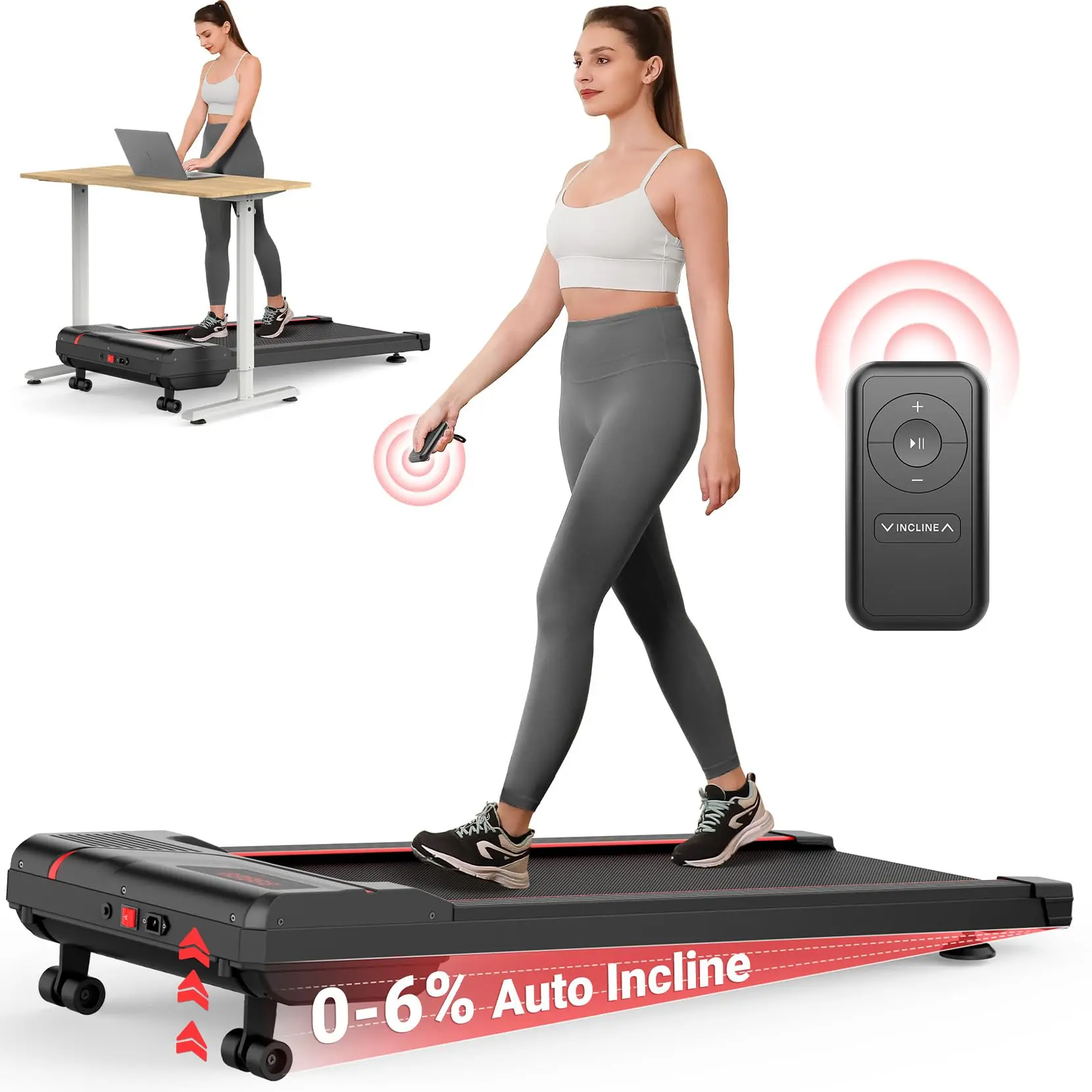 Incline Walking Pad, 2.5 HP Under Desk Treadmill, 0-6% Auto Incline, 0.6-4 MPH, 300LB Capacity, 40" Wide Belt, Shock Absorption