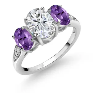 10K White Gold 3-Stone Oval Engagement Ring for Women | IGI Certified Lab Grown Diamond and Gemstone Birthstone | 1.00 Ct Center | 6X4MM Oval Sides