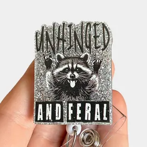 Glitter My Badge Unhinged and feral raccoon badge reel for nurse and hospital workers. Badge clip Badge pull - Retractable swivel clip with a 360 rotation. Great gift for coworker. Badge reel for men.