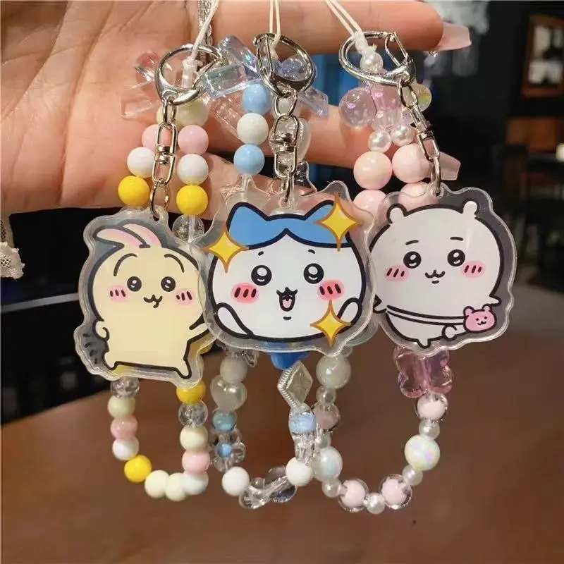 Chiikawa Acrylic Pendant Keychain with Beads Cute Cartoon Phone Strap for Bags Phones Accessories Kawaii Charm for Girls
