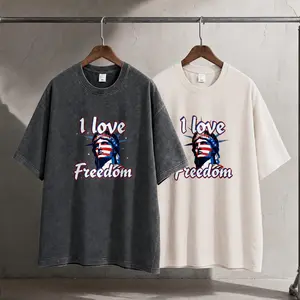 Vintage Acid Washed Statue of Liberty Graphic T-Shirt I Love Freedom Patriotic USA Flag Oversized Distressed Cotton Short Sleeve Streetwear Tee For Men Women