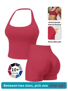 Women's Two-Piece Set, Solid Color Halter Top & High Waist Shorts, Sporty Breathable Quick-Dry for Yoga Gym Workout Running