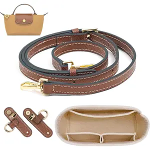 2 Kit Mini Bag Leather Shoulder Strap and Felt Purse Organizer Insert for Longchamp mini XS Bag Punch-Free Adjustable Buckle Design（Beige & Strap）