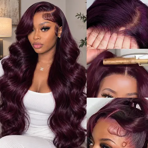 Pizazz Pre-Styled Black Cherry Body Wave Lace Front Wigs Human Hair 13x6 HD Lace Frontal Human Hair Wigs Pre plucked Pre bleached Small Knots With Baby Hair  For Women