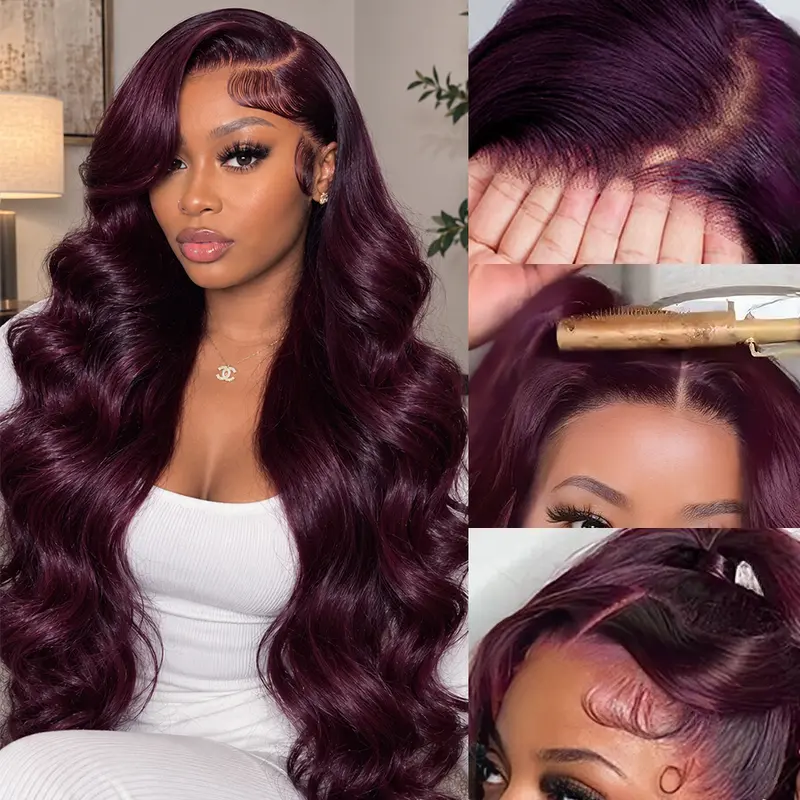 Pizazz Pre-Styled Black Cherry Body Wave Lace Front Wigs Human Hair 13x6 HD Lace Frontal Human Hair Wigs Pre plucked Pre bleached Small Knots With Baby Hair  For Women