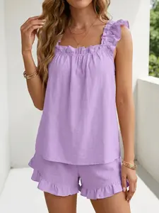 Pajama Sets for Women 2 Piece Ruffle Trim Cami Elastic Waist Shorts Pj Set Sexy Boat Neck Soft Lounge Tank Sleepwear outdoorfun