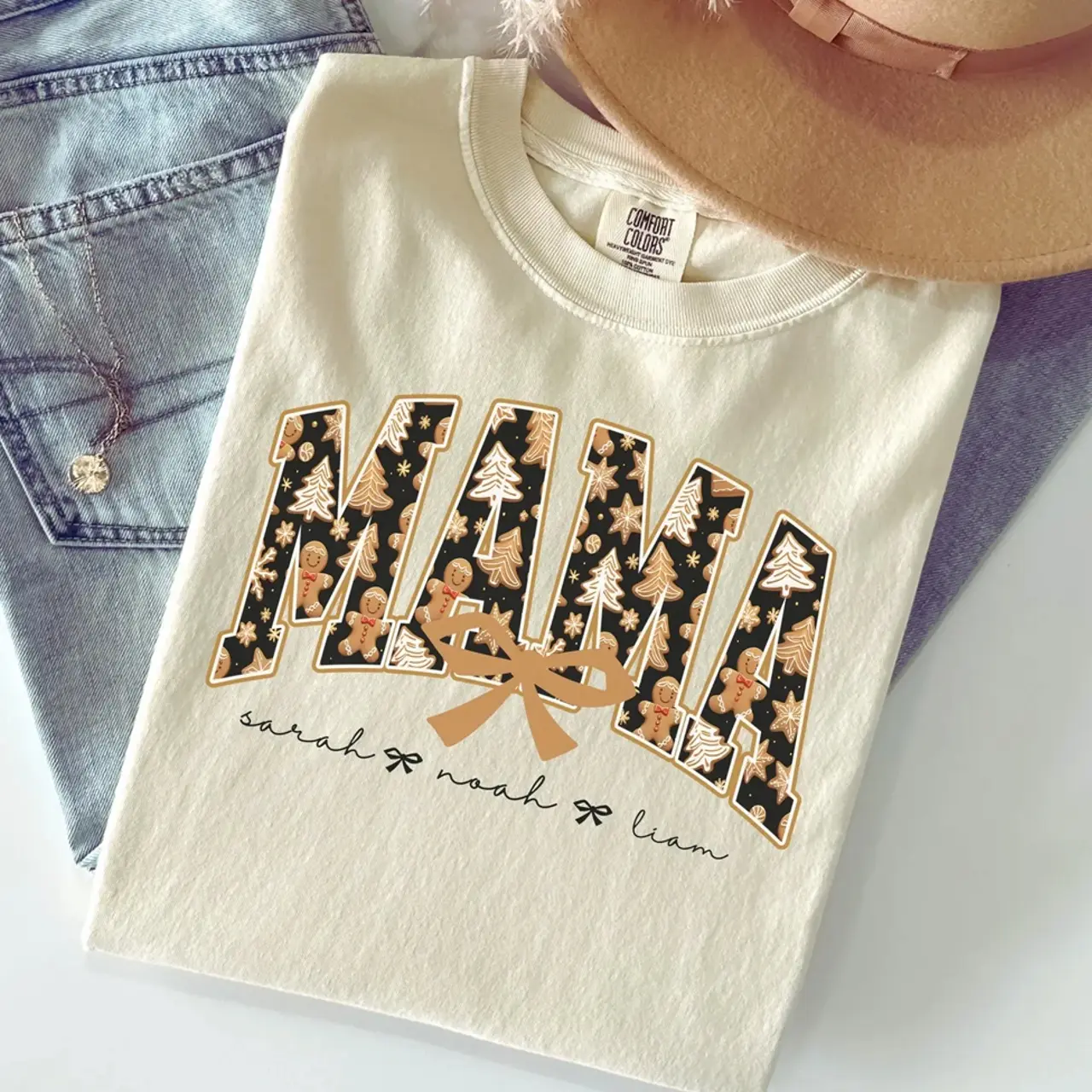 Comfort Colors®Christmas Mama Shirt, Personalized Holiday T-Shirt With Kids Names, Gingerbread Tree Mom Tee, Cute Festive Gift For Moms