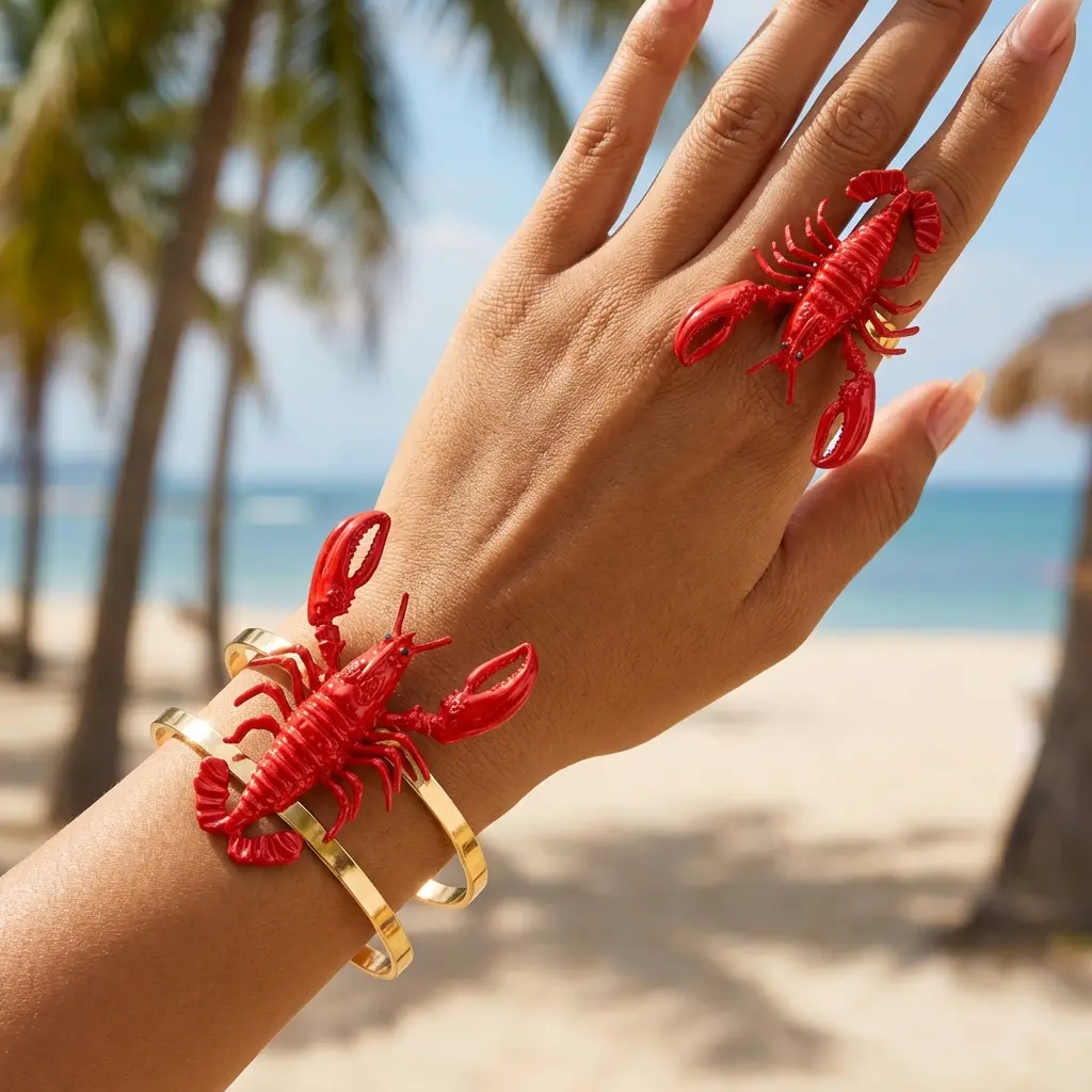 Exaggerated Red Lobster Jewelry Set For Women Ocean Style Metal Lobster Bracelet Bangle Ring Girls Beach Party Vacation Gift
